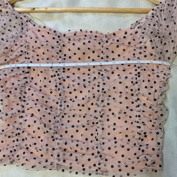 🟡 7. Cotton Linen Blend Soft Pink Polka Dot  Crop Top Sheer Sleeves - Picture 6 of 9